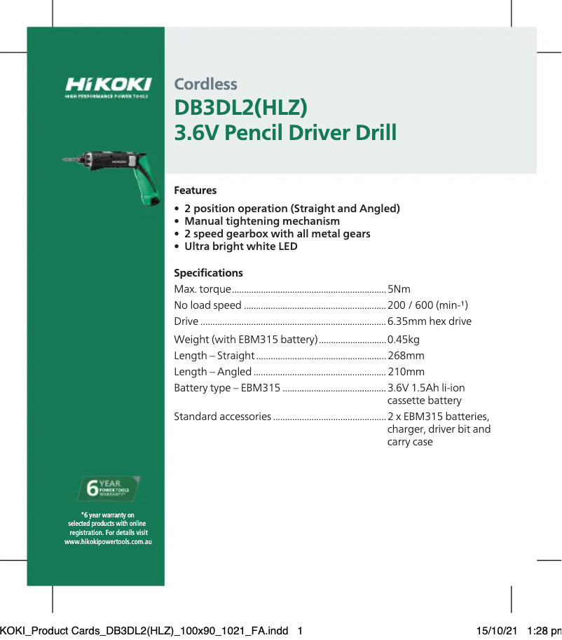 Page 1 de la notice Fiche technique HiKOKI DB3DL2