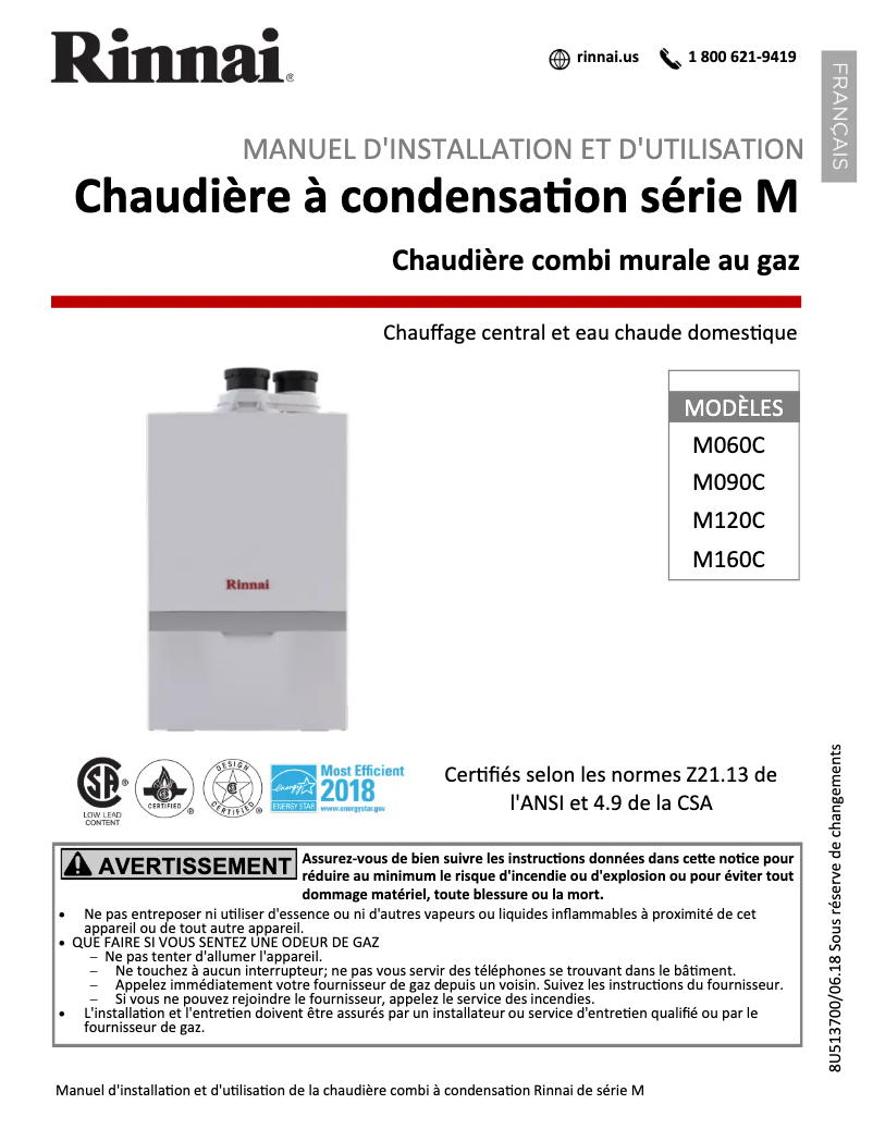 Page 1 de la notice Guide d'installation Rinnai M160CN