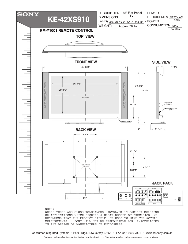 Page 1 de la notice Guide d'installation Sony KE-42XS910