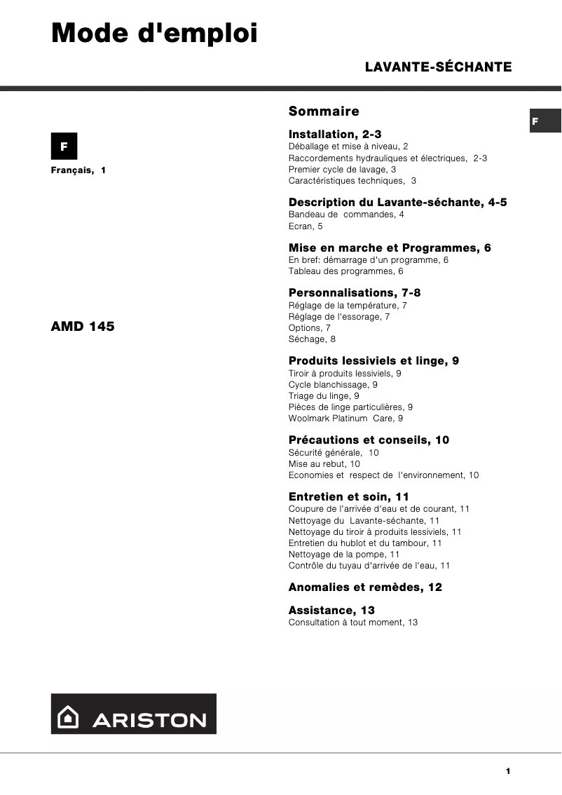 Page 1 de la notice Manuel utilisateur Ariston Thermo AMD145