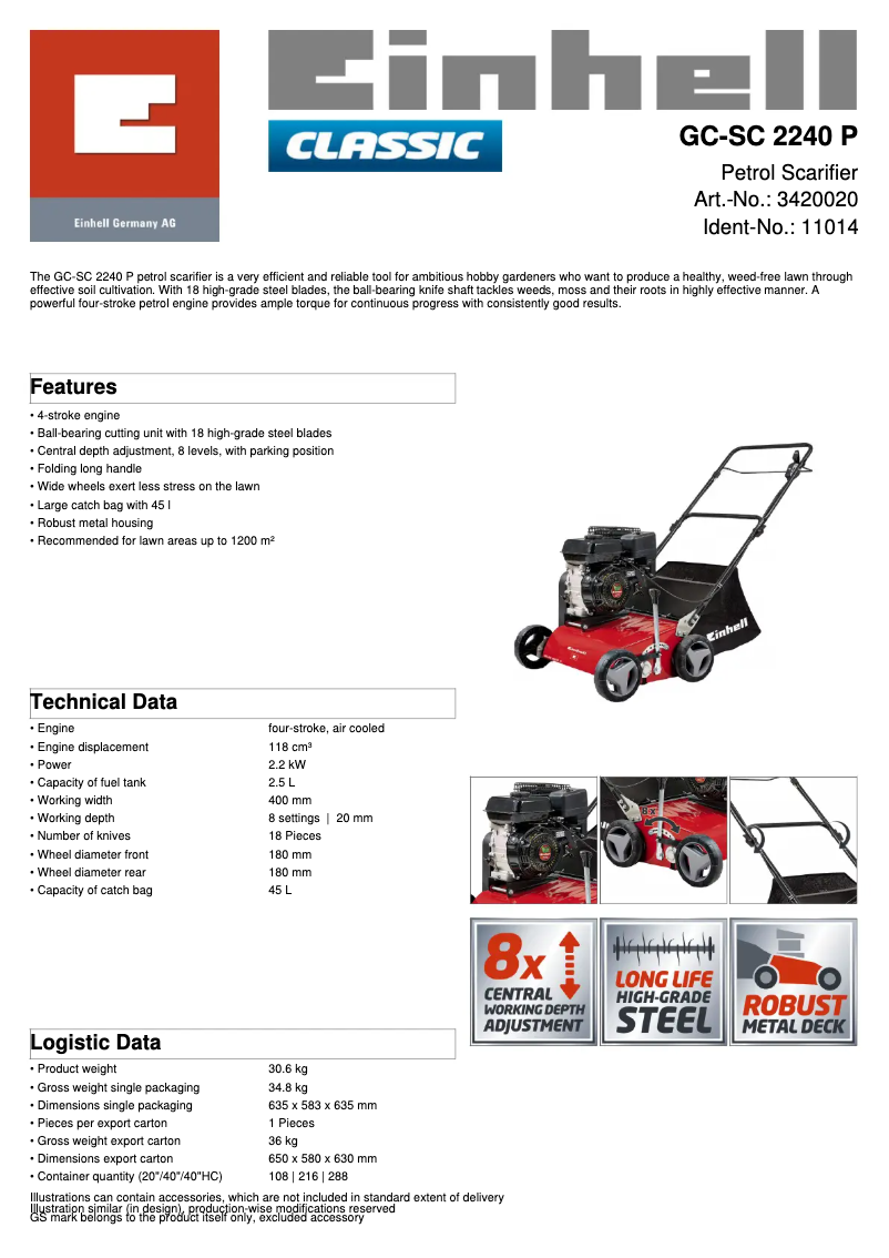 Page 1 de la notice Fiche technique Einhell GC-SC 2240 P