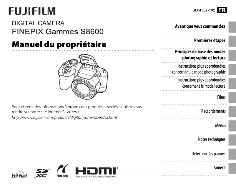 Image de la première page du manuel de l'appareil Finepix S8600