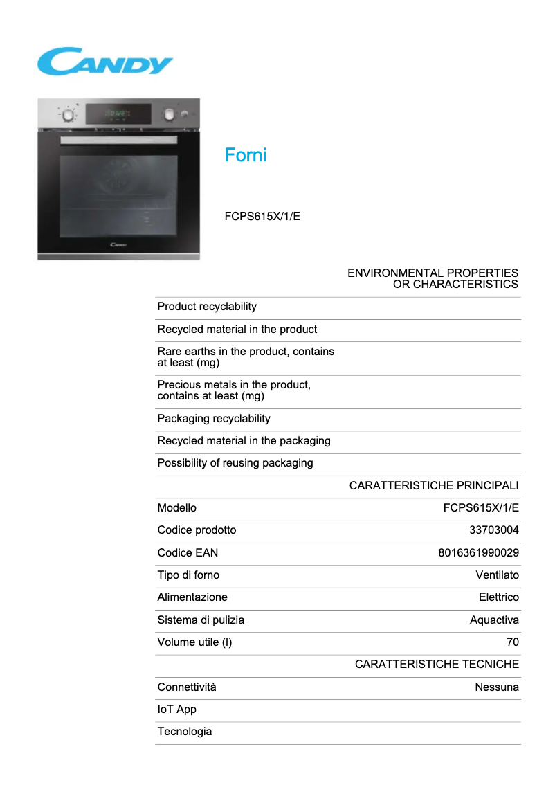 Page n°1 - Fiche technique Candy FCPS615X/1/E