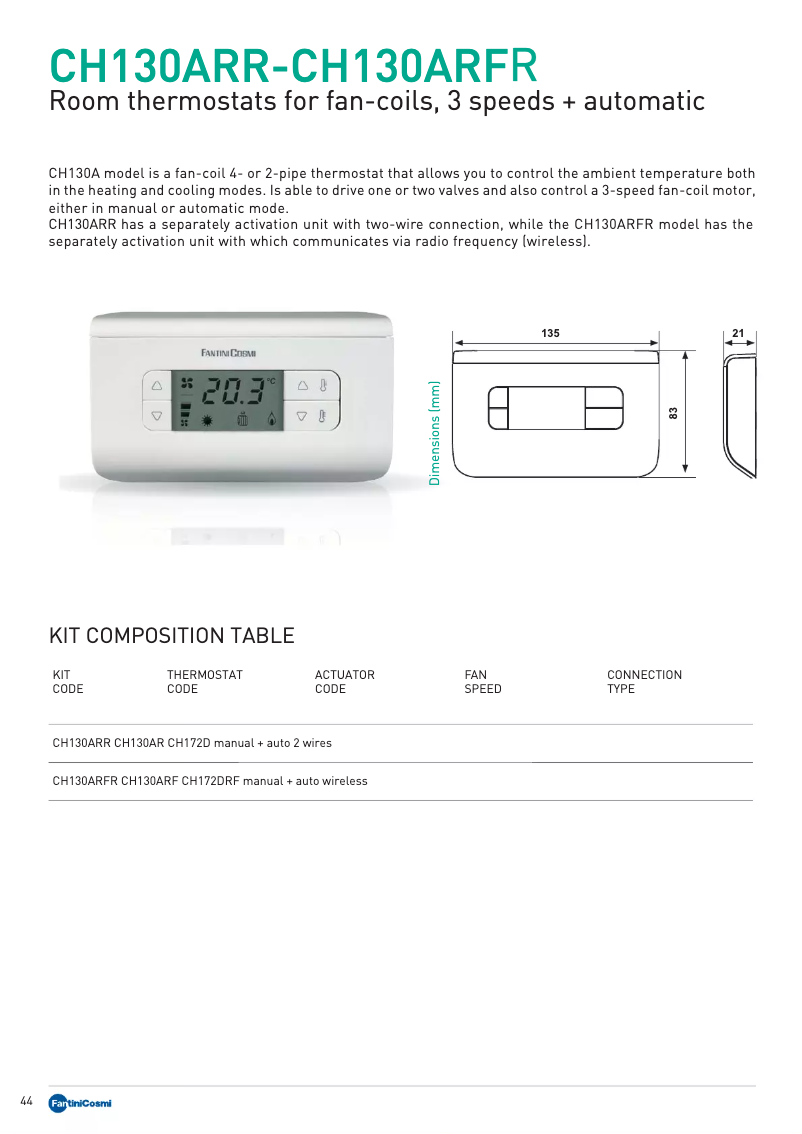 Page 1 de la notice Fiche technique Fantini Cosmi CH130ARFR