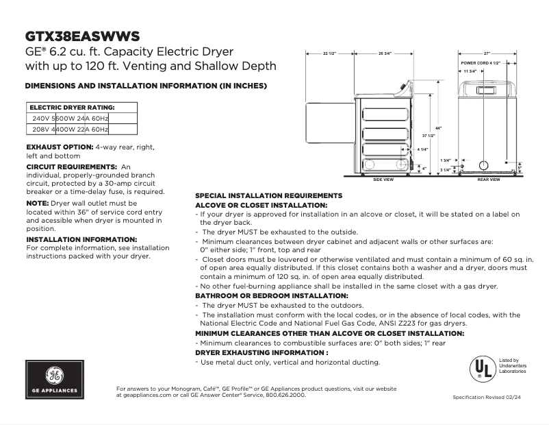 Page 1 de la notice Fiche technique GE GTX38EASWWS