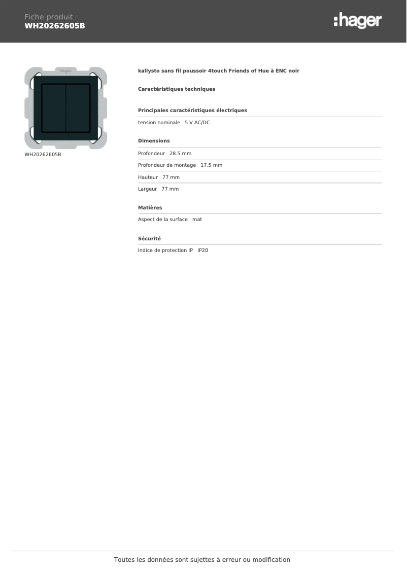 Page n°1 - Fiche technique Hager WH20262605B