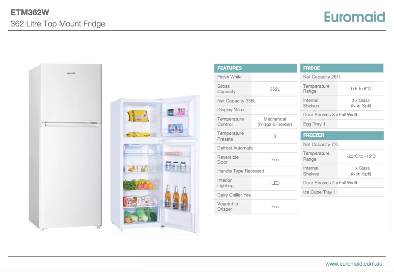 Page 1 de la notice Fiche technique Euromaid ETM362W