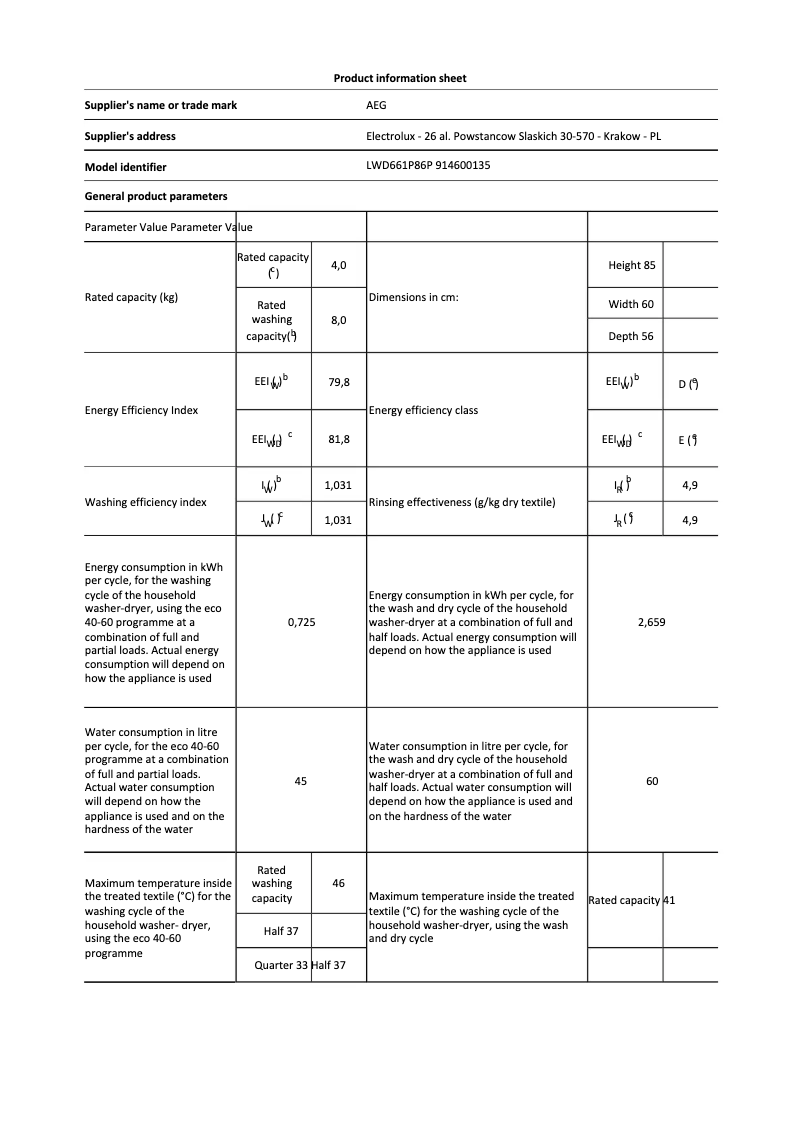 Page 1 de la notice Fiche technique AEG LWD661P86P