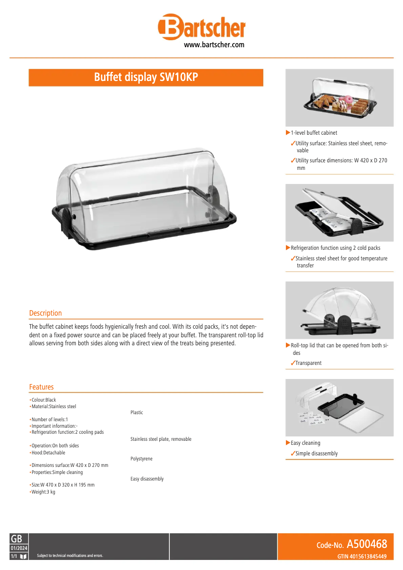 Page 1 de la notice Fiche technique Bartscher SW10KP