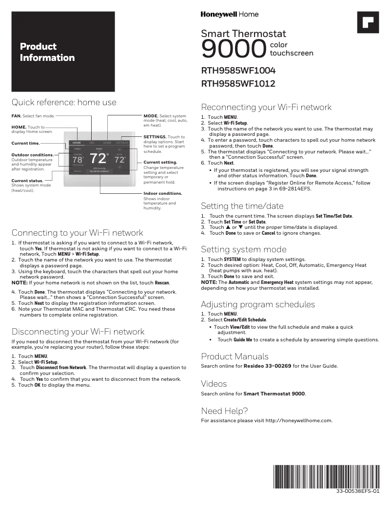 Page n°1 - Manuel utilisateur Honeywell RTH9585WF