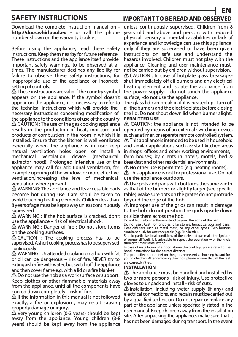 Page 1 de la notice Manuel utilisateur Whirlpool GOW 7553/WH