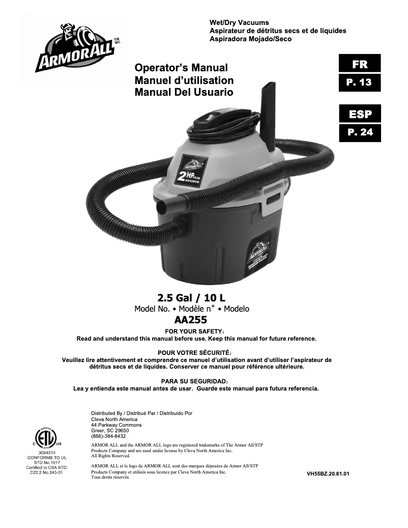 Page n°1 - Manuel utilisateur Armor All AA255