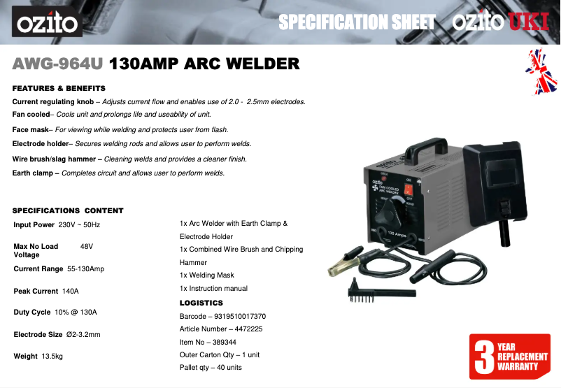 Page n°1 - Fiche technique Ozito AWG-964U