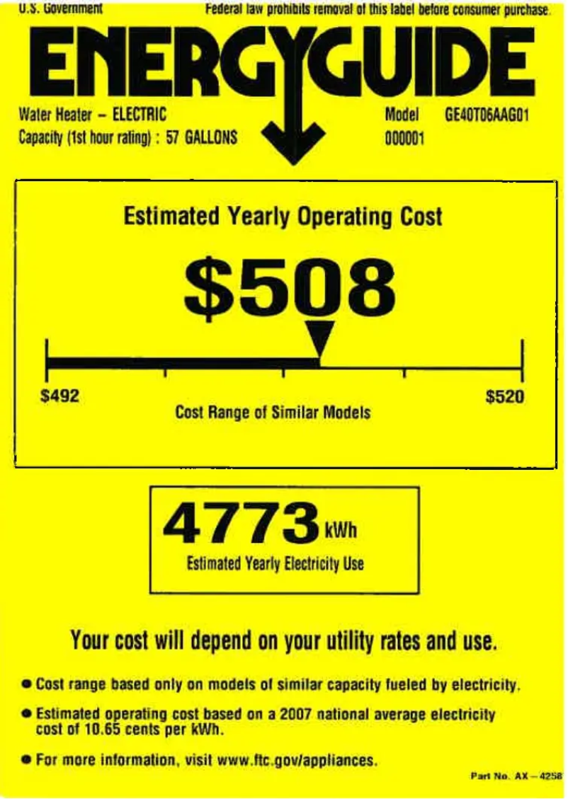 Page 1 de la notice Label énergétique GE GE40T06AAG