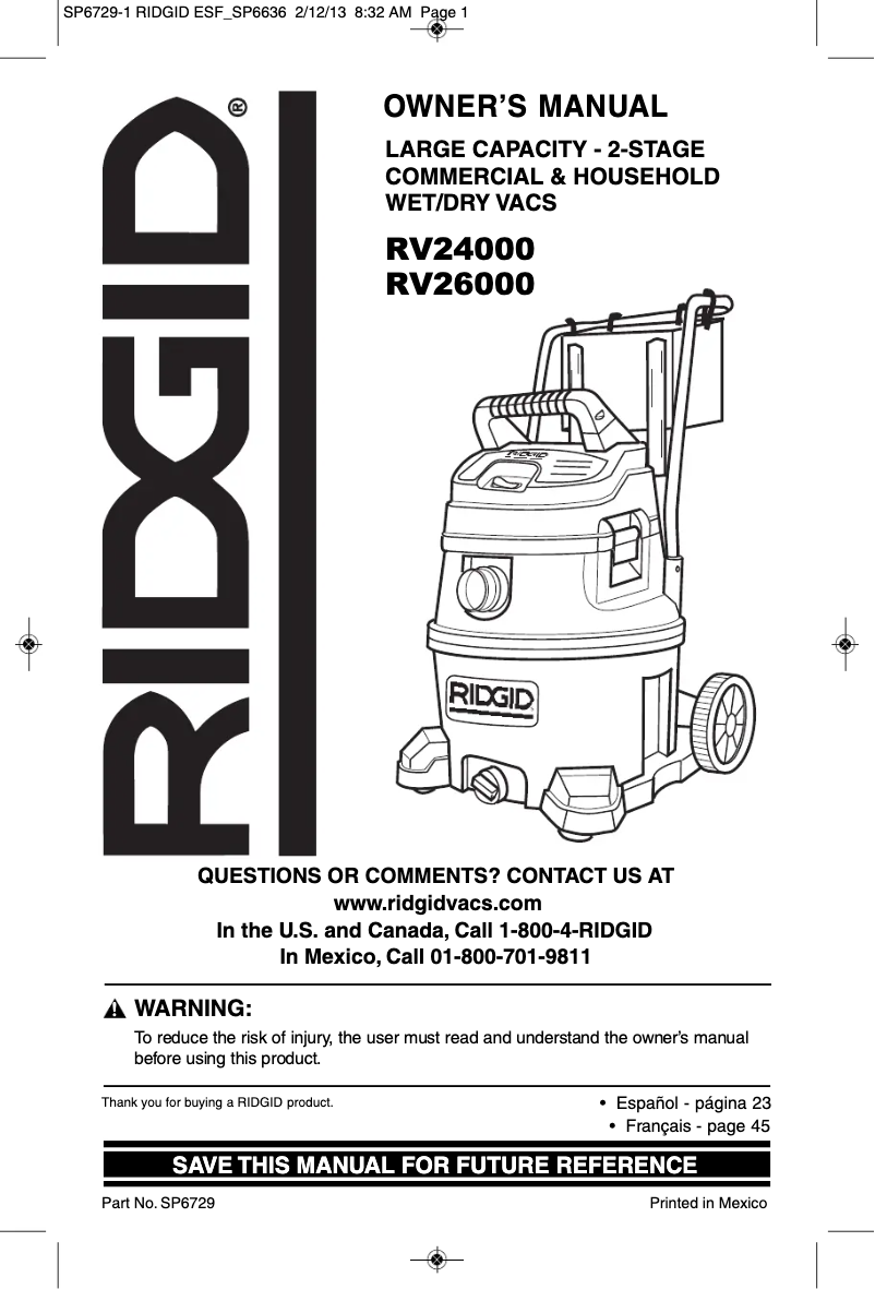 Página 1 del manual Manual de usuario Ridgid RV2400A