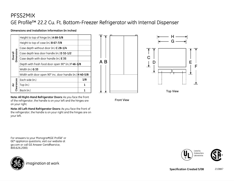 Page 1 de la notice Fiche technique GE Profile PFSS2MIXSS