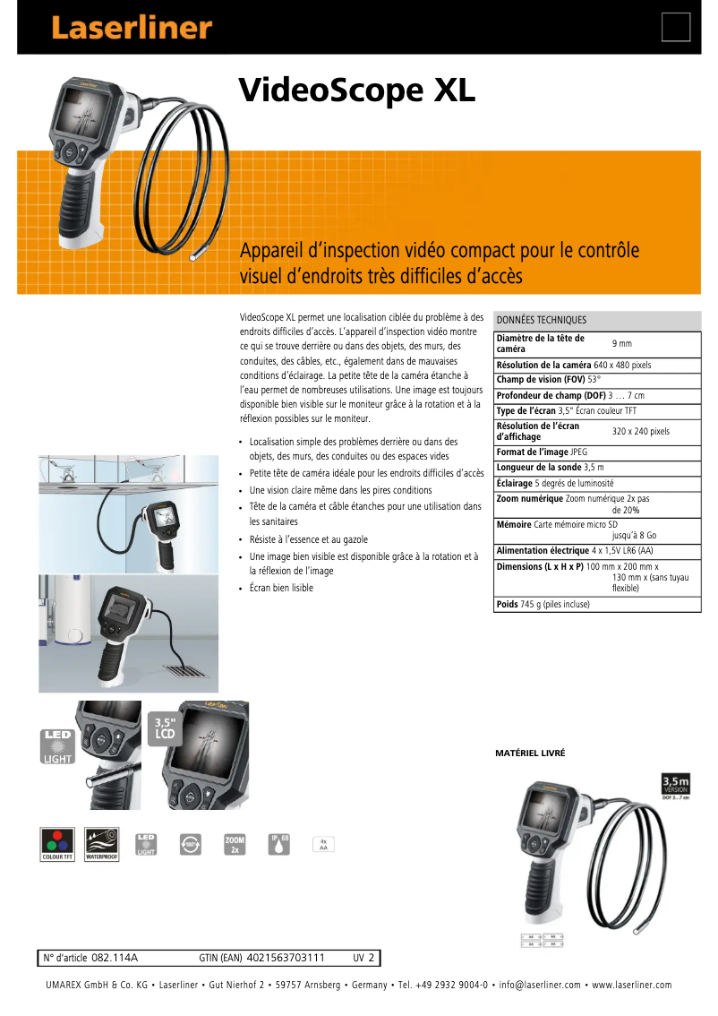Page n°1 - Fiche technique Laserliner VideoScope XL