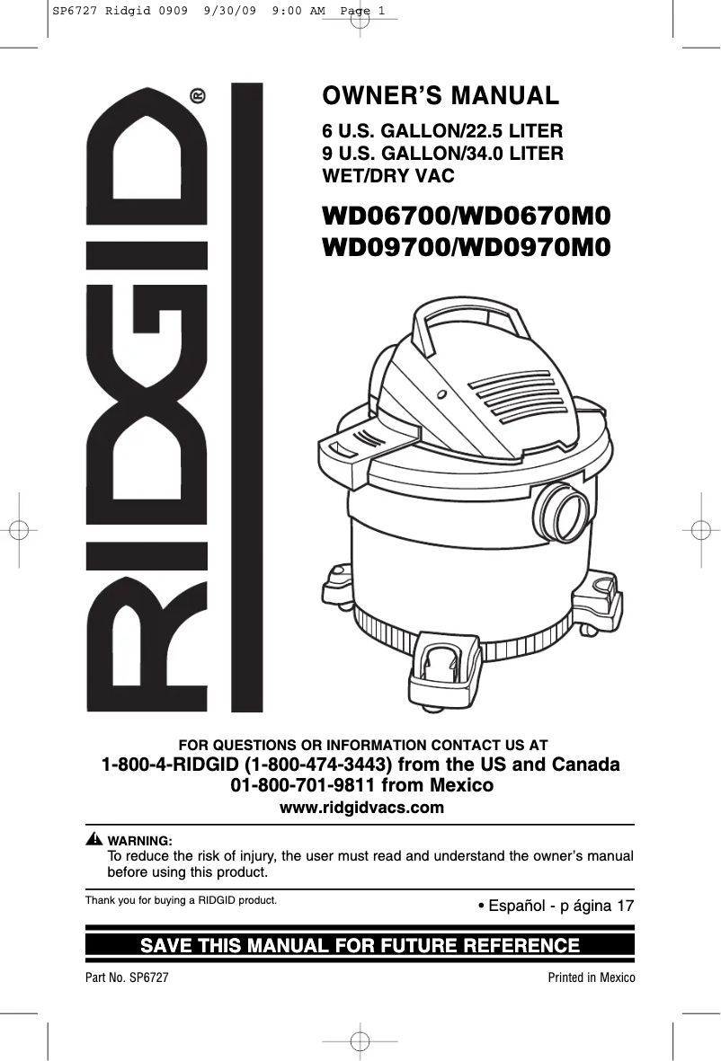 Page 1 de la notice Manuel utilisateur Ridgid WD0970