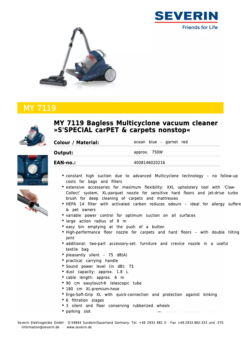 Page 1 de la notice Fiche technique Severin MY 7119