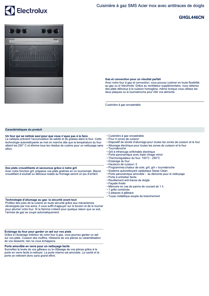 Page 1 de la notice Fiche technique Electrolux GHGL446CN