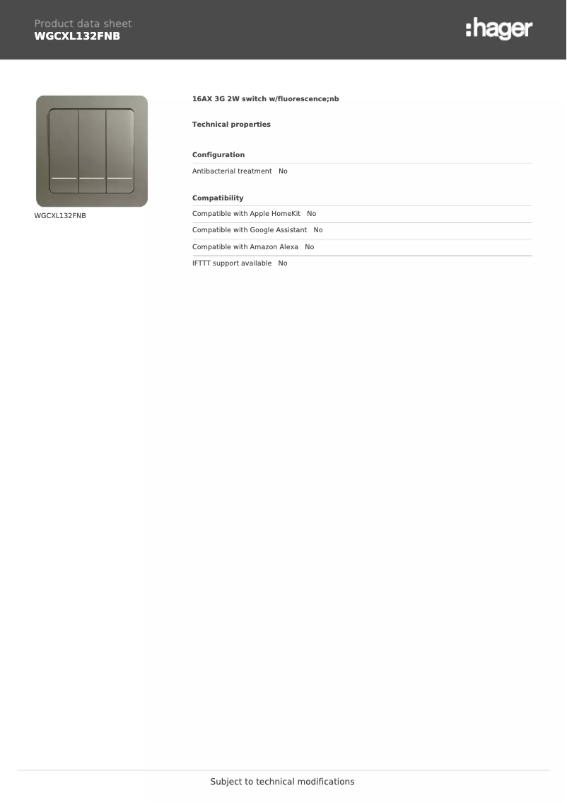 Page n°1 - Fiche technique Hager WGCXL132FNB