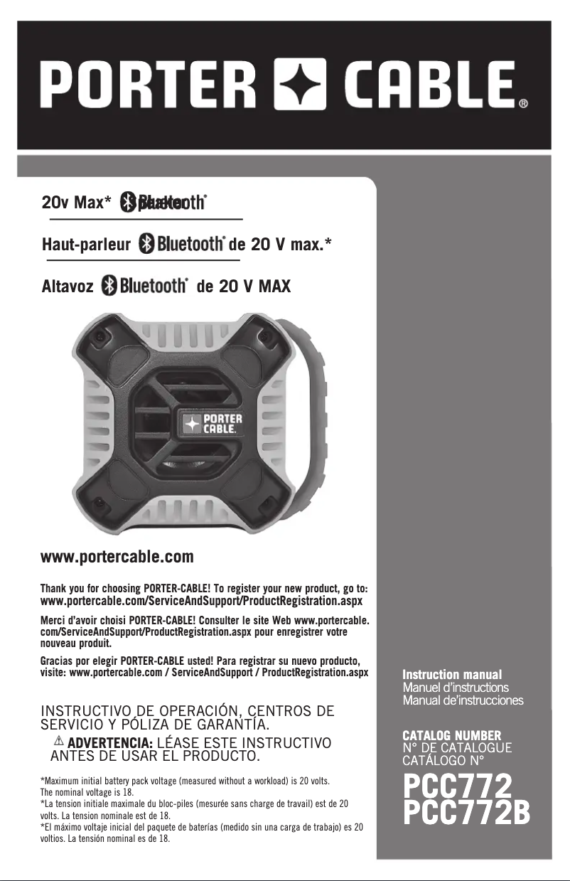 Page n°1 - Manuel utilisateur Porter-Cable PCC772B