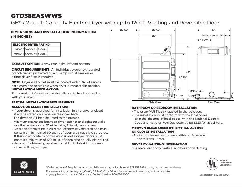 Page 1 de la notice Fiche technique GE GTD38EASWWS