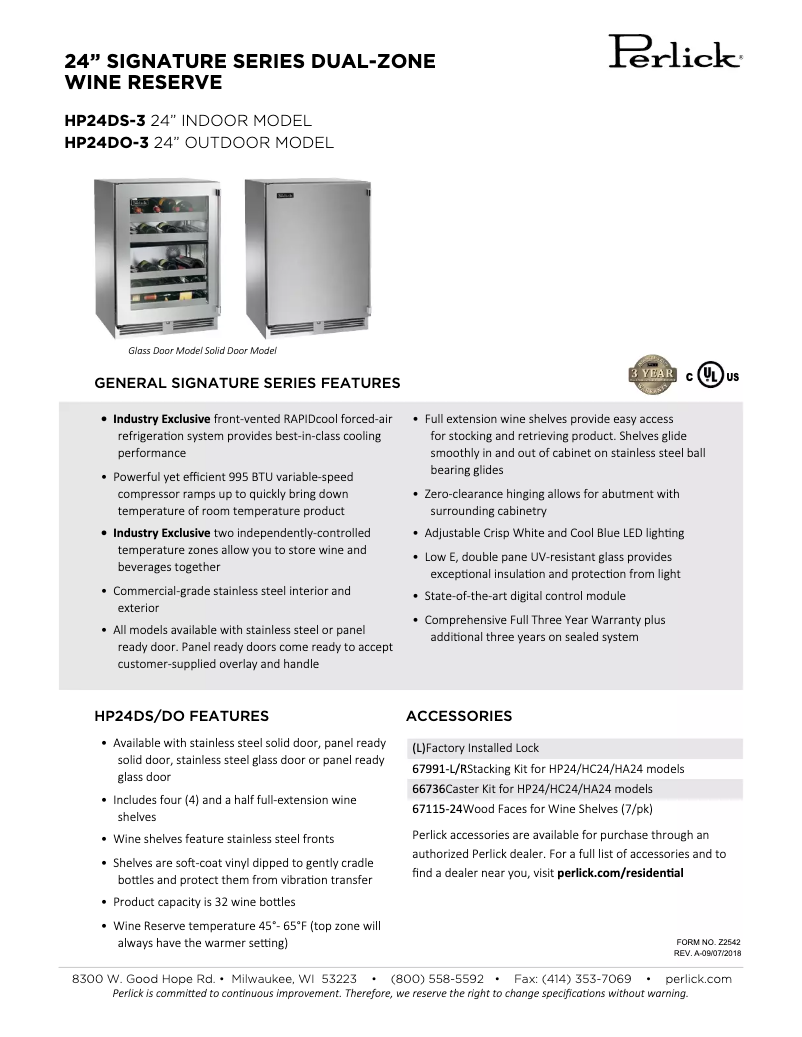 Page n°1 - Fiche technique Perlick HP24DS-3-2LSignature Series