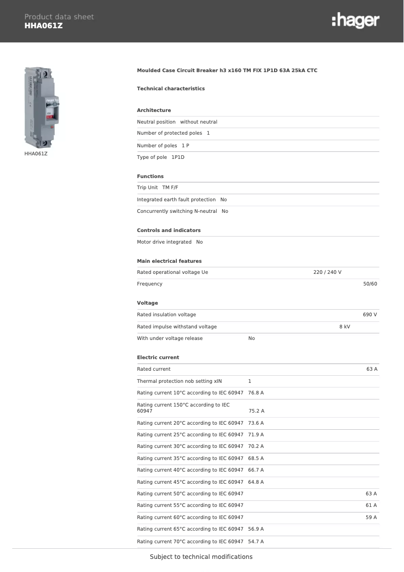Page 1 de la notice Fiche technique Hager HHA061Z