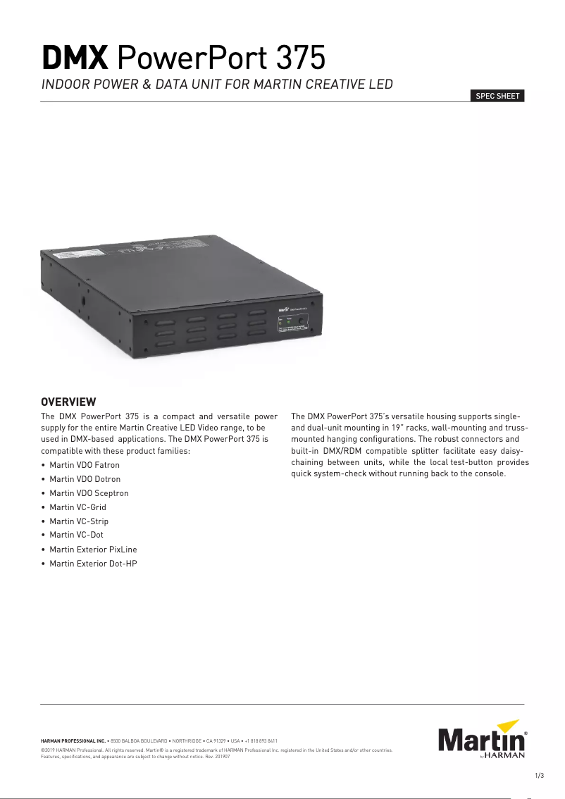 Page 1 de la notice Fiche technique Martin DMX PowerPort 375