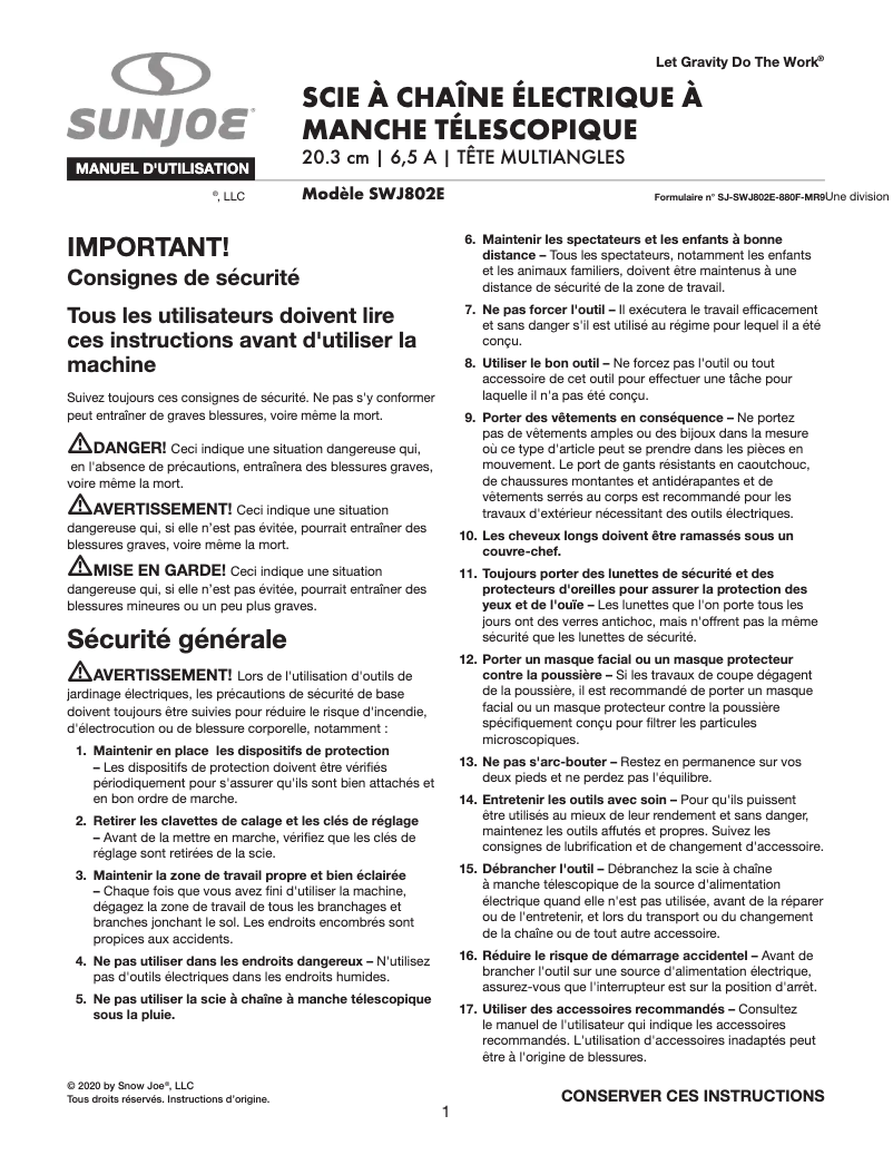 Page 1 de la notice Manuel utilisateur Sun Joe SWJ802E-PRP