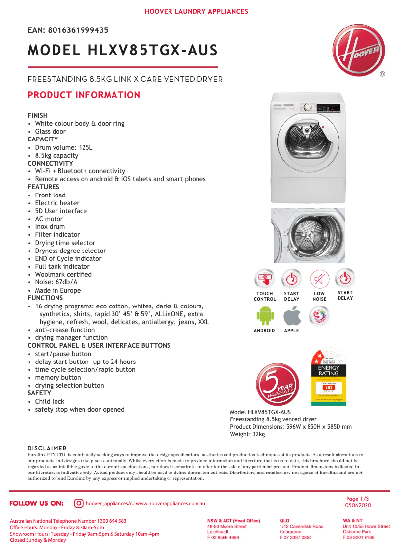 Page 1 de la notice Fiche technique Hoover HLX V85TGX-AUS