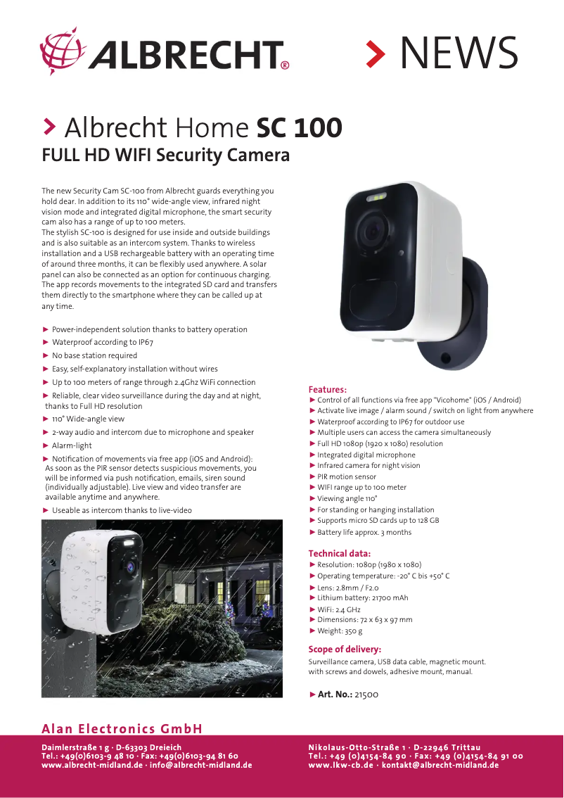 Page 1 de la notice Fiche technique Albrecht Home SC 100