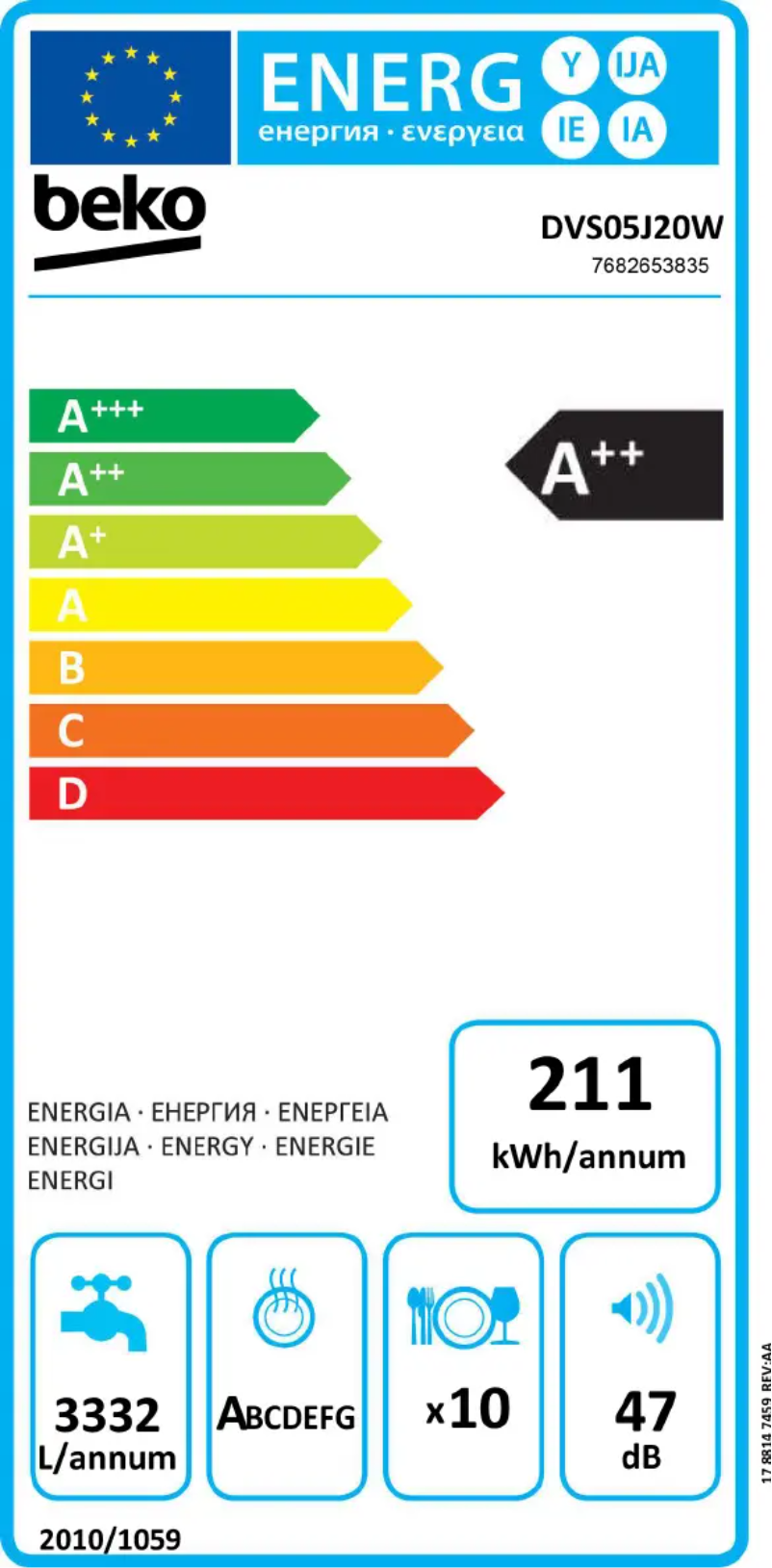 Page 1 de la notice Label énergétique Beko DVS05J20