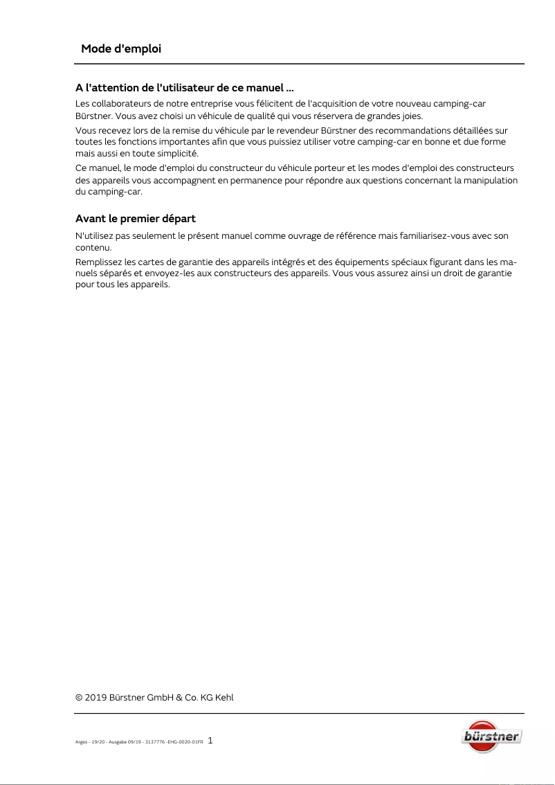 Page 1 de la notice Manuel utilisateur Bürstner Argos (2021)