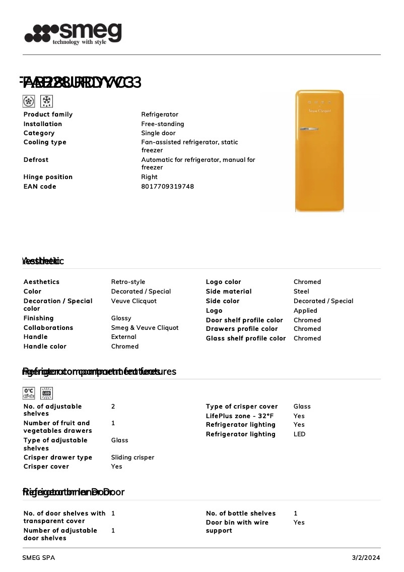 Page 1 de la notice Fiche technique Smeg FAB28URDYVC3