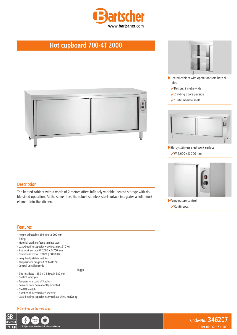 Page 1 de la notice Fiche technique Bartscher 700-4T 2000