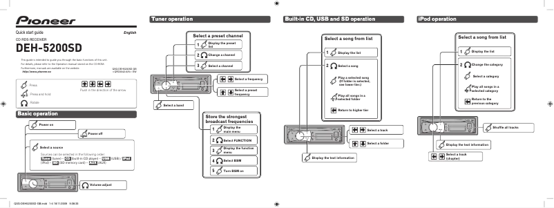 Page 1 de la notice Guide de démarrage rapide Pioneer DEH-5200SD