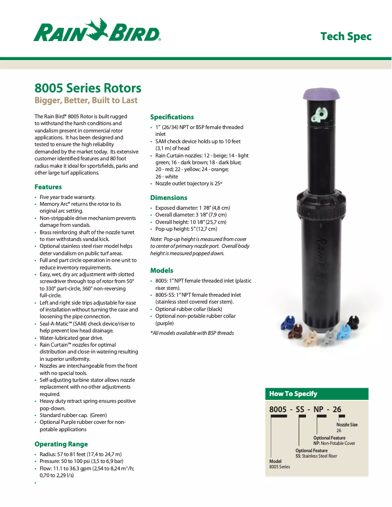 Página 1 del manual Ficha técnica Rain Bird 8005