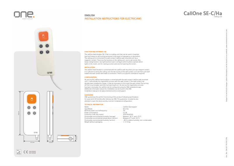 Page n°1 - Manuel utilisateur ONE Smart Control SE-C/HA