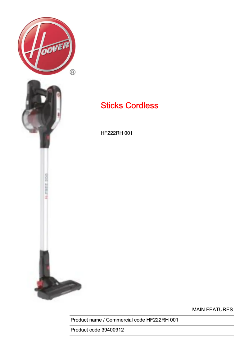 Página 1 del manual Ficha técnica Hoover H-FREE 200 HF222RH 001
