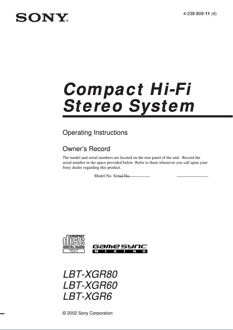 Page n°1 - Manuel utilisateur Sony LBT-XGR6