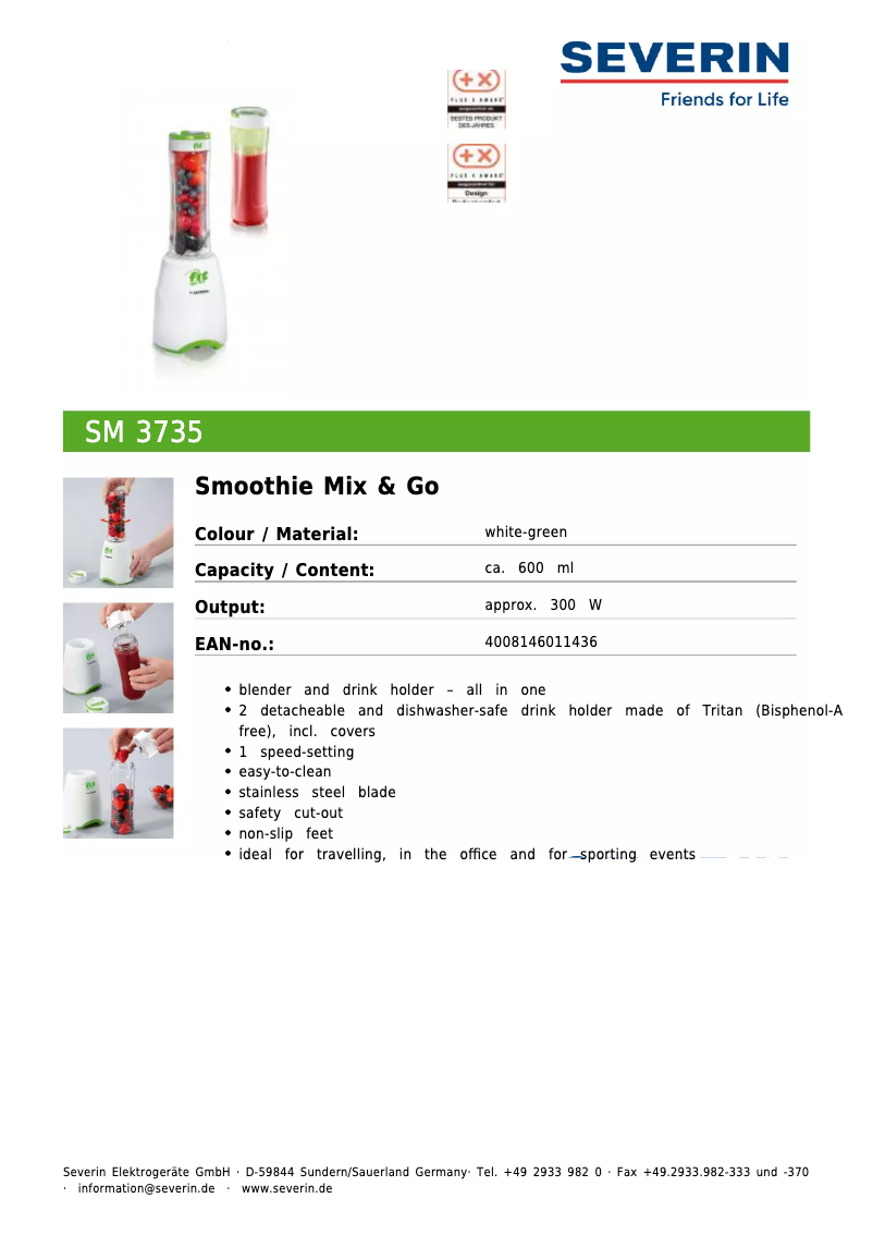Page 1 de la notice Fiche technique Severin SM 3735