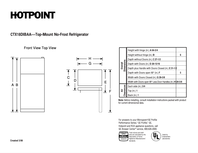Page 1 de la notice Fiche technique Hotpoint CTX18DIBAA