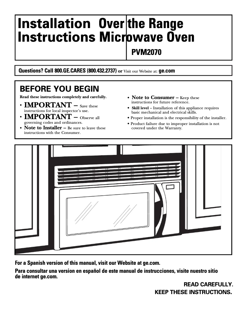 Page n°1 - Guide d'installation GE PVM2070DMCC