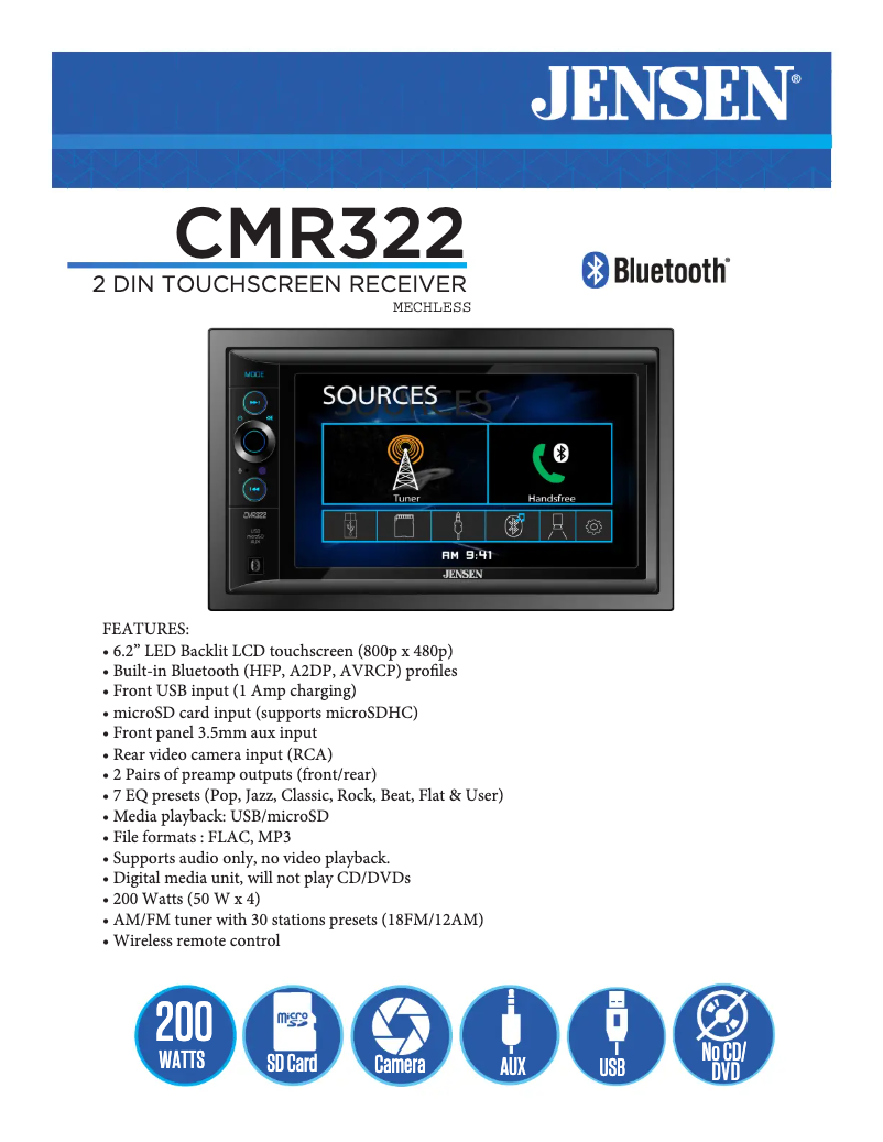 Page 1 de la notice Fiche technique Jensen CMR322