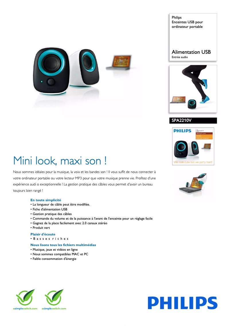 Page 1 de la notice Fiche technique Philips SPA2210V