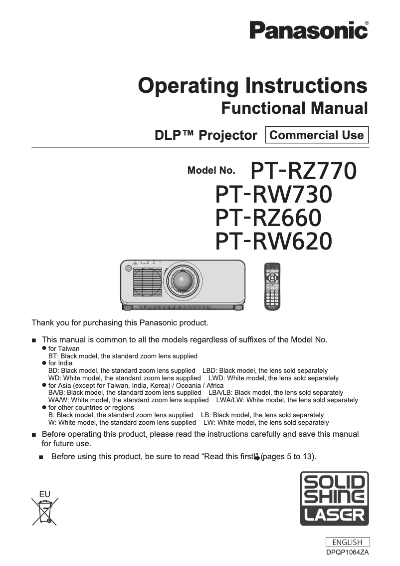Page 1 de la notice Manuel utilisateur Panasonic PT-RW730