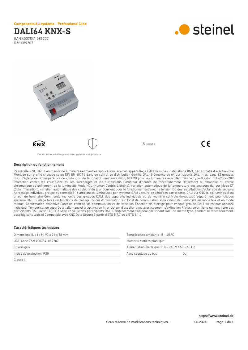 Page 1 de la notice Fiche technique Steinel DALI64 KNX