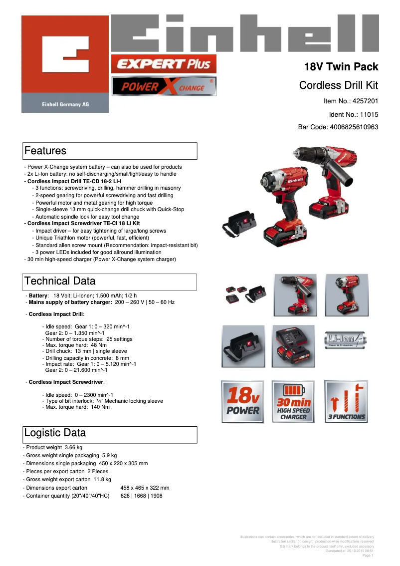 Page n°1 - Fiche technique Einhell TE-CI 18 Li